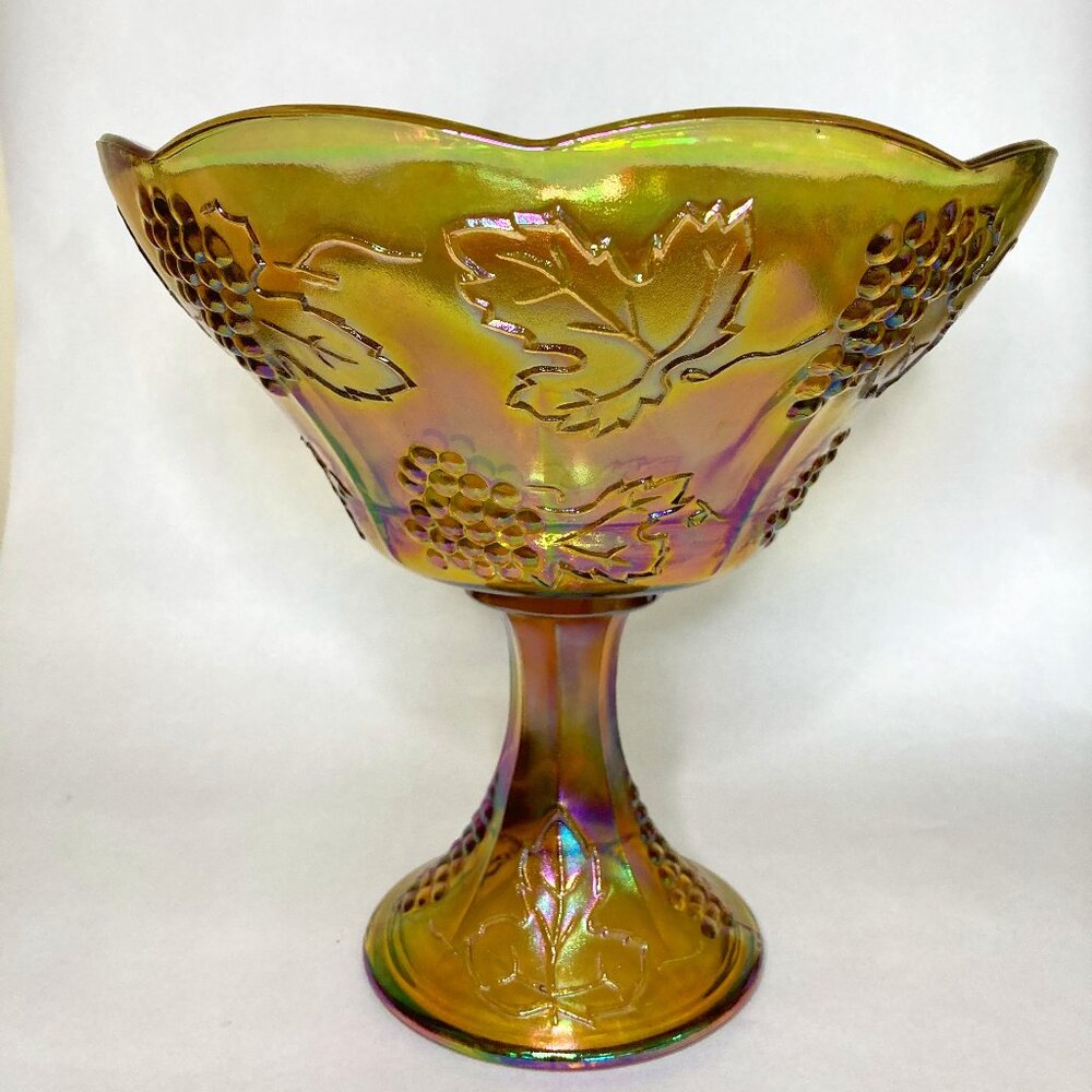 Vintage Iridescent Gold Carnival Glass Harvest Grape Pedestal Bowl